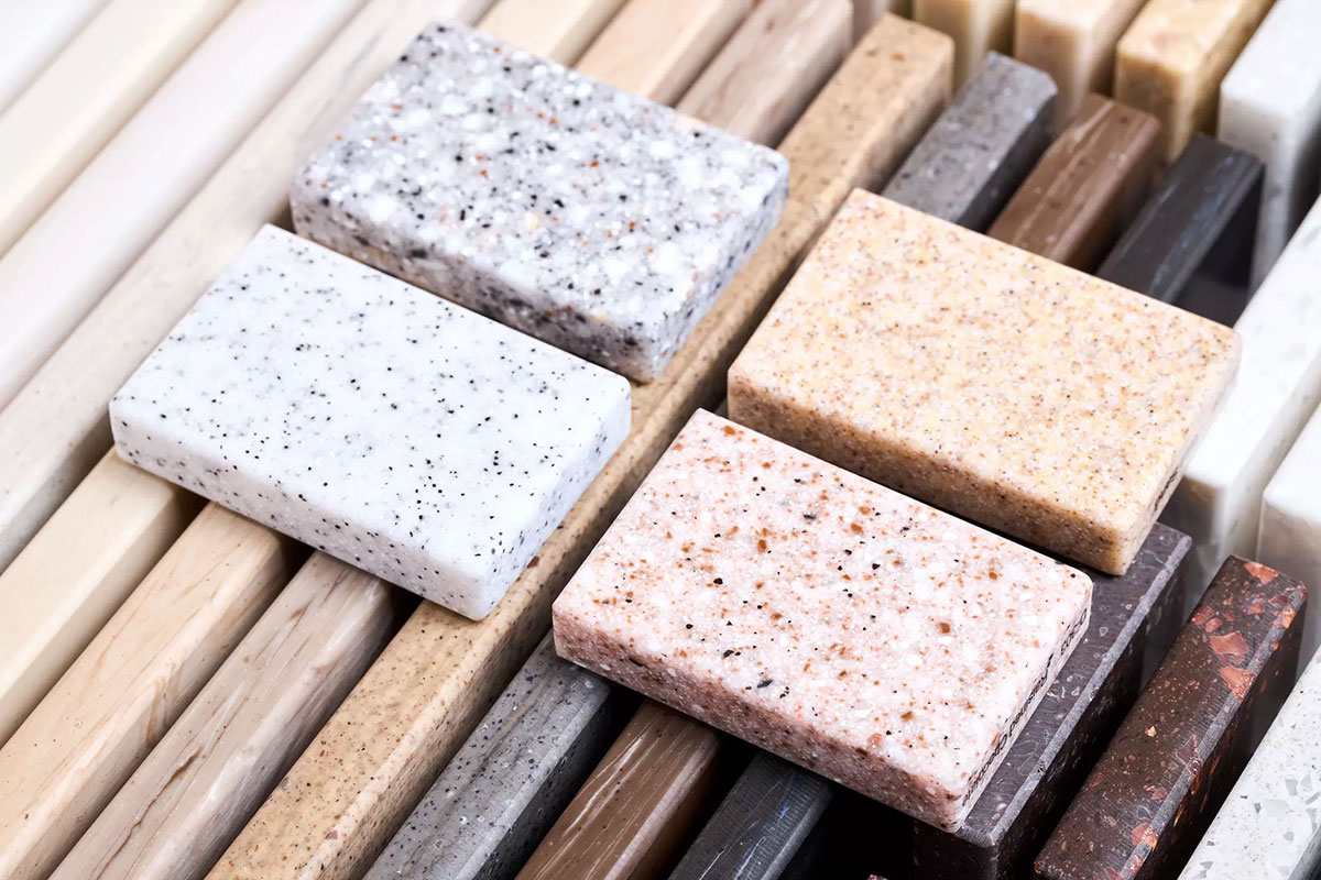 Samples of countertop stone in various colors.